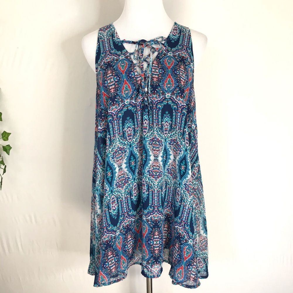 Show Me Your MuMu Blue Red Rancho Mirage Batik Tank Top Small Tunic Oversized